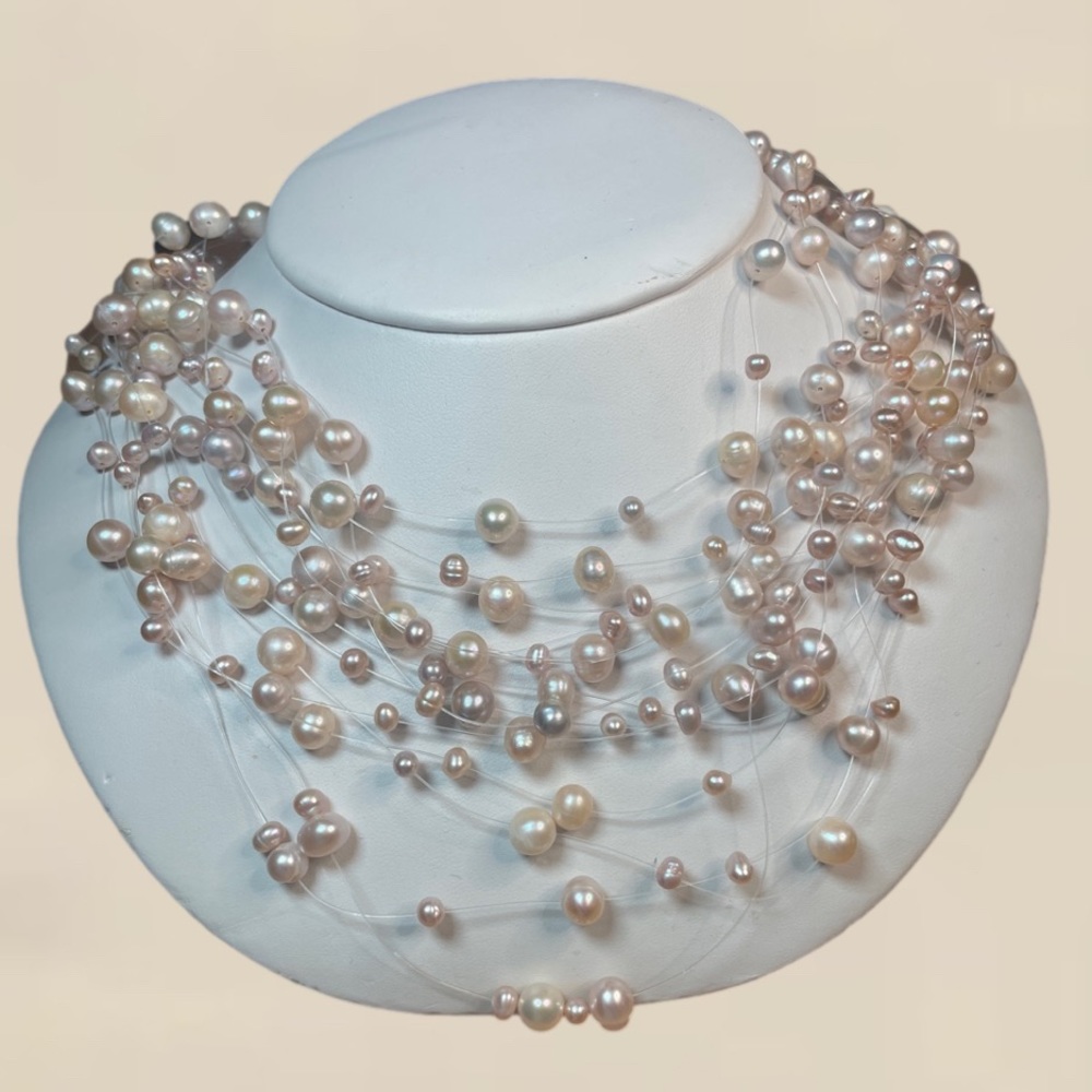 New! Freshwater Cultured Pearl Necklace, 14 Rows Floating w/ Soft Pink Hues - Picture 7 of 7